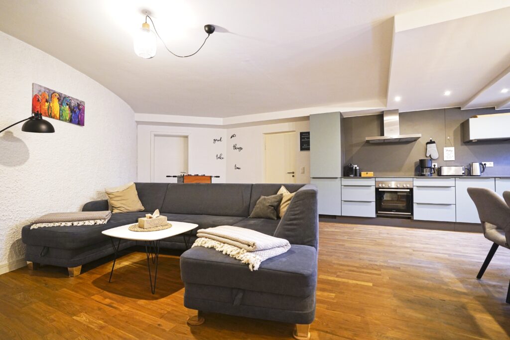 Wohnzimmer und Küche in der Ferienwohnung Erholungsreich in Kelheim